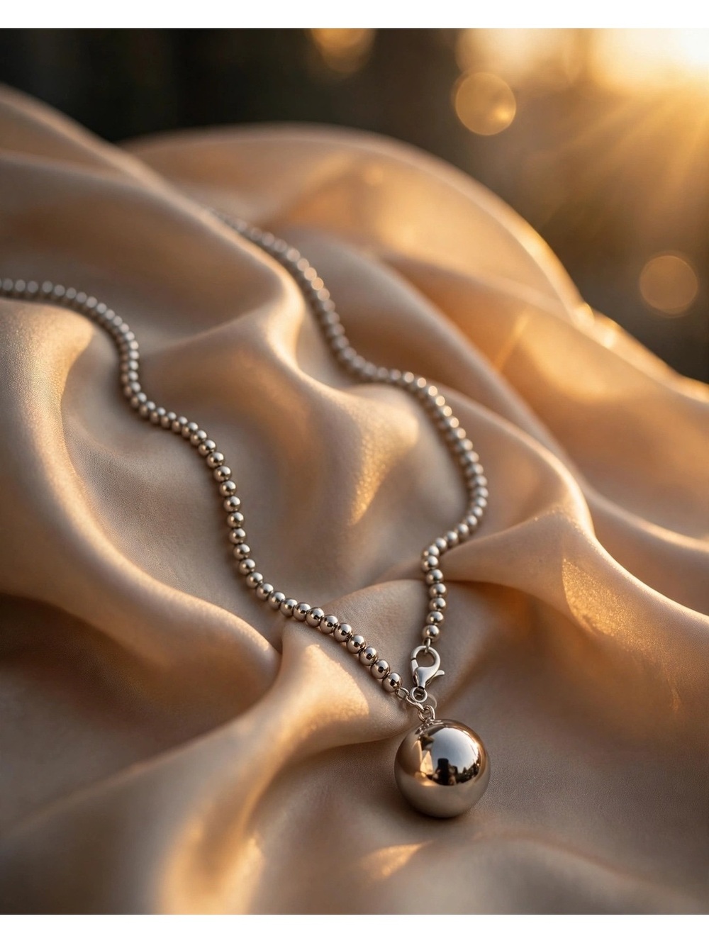 Silver Ball Bead Necklace with Large Ball Pendant – 18 Inch